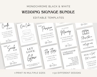 Wedding Sign Template Bundle Modern Black and White signage for wedding Editable in Canva Printable DIY wedding welcome sign monochrome