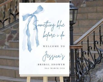 Bow themed Bridal Shower Sign something blue sign for hen party printable & customisable in Canva cards and gifts sign wedding memory table