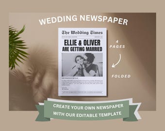 Wedding Newspaper Template folded 4 page newspaper editable canva template to personalise Wedding Day DIY printable Program for ceremony