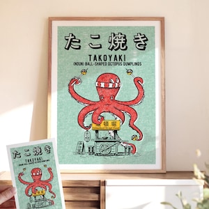 Japanischer Kunstdruck. Risograph Stil. Lustige Wandkunst . Küche-Wand-Dekor. Takoyaki Oktopus. Grußkarte. Vintage Kunst. Gerahmtes Poster
