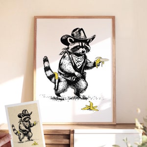 Cowboy Waschbär Kunstdruck. Western Dekor. Lustige Wandkunst . Badezimmer Drucke. Küche-Wand-Dekor. Gerahmtes Poster. Landhaus Dekor