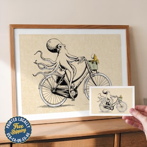 Octopus Bicycle Poster: Funny Home Decor & Living Room Wall Art