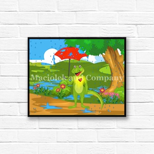 Iguana, Rain, Umbrella, Children's Book Art, Wall Art, Nursery Room Art, instant download, digital print, digital art, 8x10 image 1