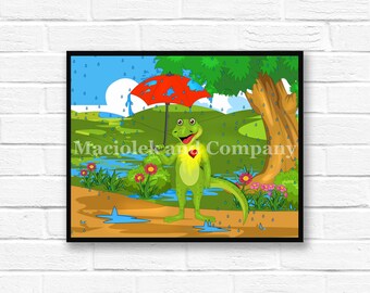 Iguana, Rain, Umbrella, Children's Book Art, Wall Art, Nursery Room Art, instant download, digital print, digital art, 8x10