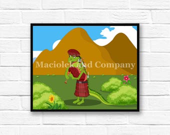 Iguana, Scotland, Bagpipes, Children's Book Art, Wall Art, Nursery Room Art, instant download, digital print, digital art, 8x10