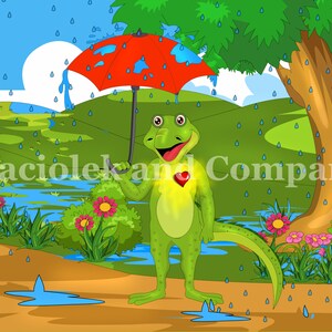 Iguana, Rain, Umbrella, Children's Book Art, Wall Art, Nursery Room Art, instant download, digital print, digital art, 8x10 image 2