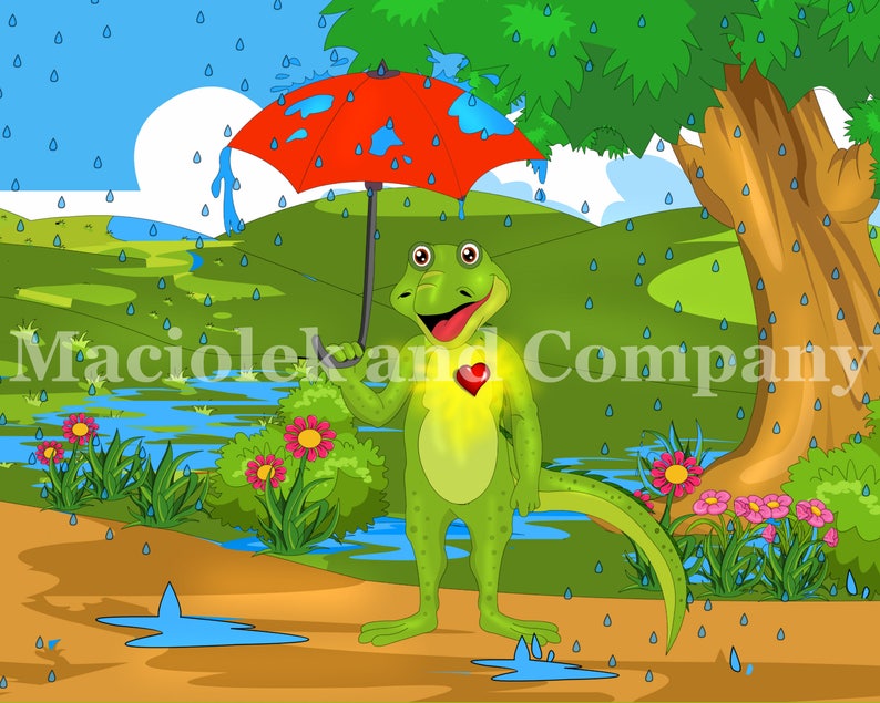 Iguana, Rain, Umbrella, Children's Book Art, Wall Art, Nursery Room Art, instant download, digital print, digital art, 8x10 image 2