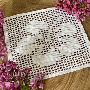 Op de afbeelding: Wit gecrochet doily met een delicaat bloemenpatroon. Het doily is vierkant en heeft een kantontwerp.