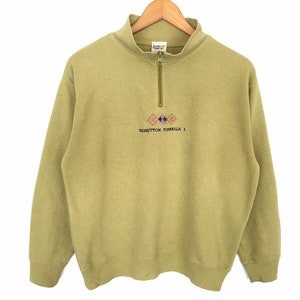 Benetton Formula One Spellout Embroidery Pullover Jumper Sweatshirt Half Zip