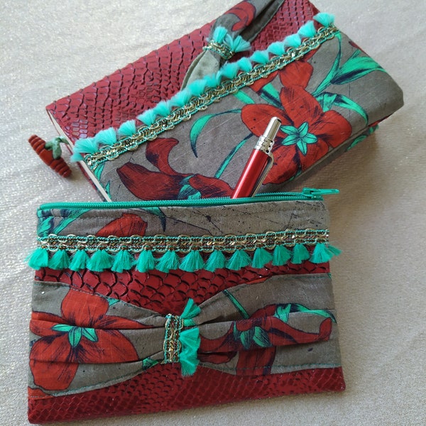 COLLECTION Ma nature profonde trousse pochette simili cuir rouge croco tissus fleuri galon pompon turquoise cadeau femme saint valentin