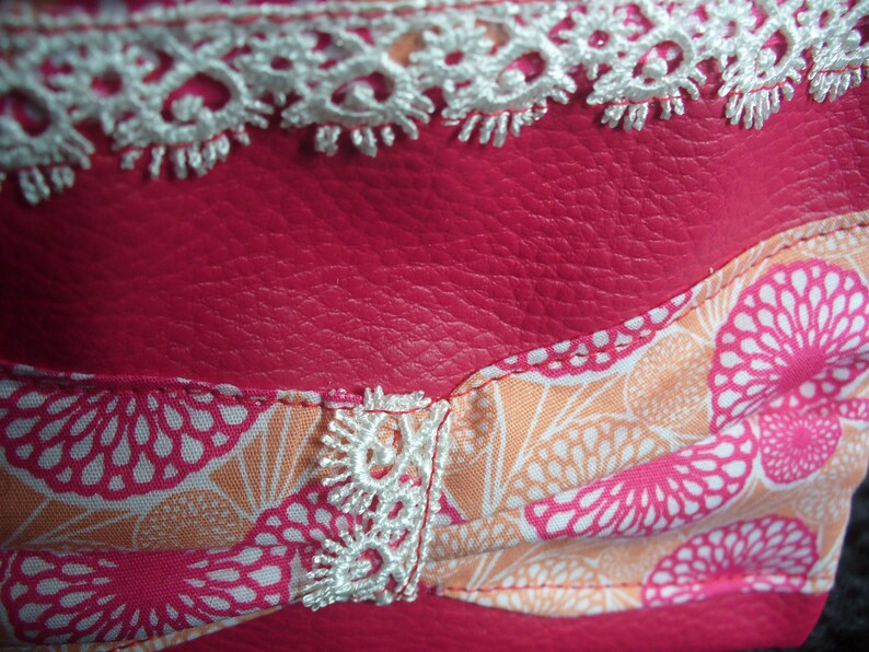 Petite makeup pouch women/'s faux leather pink raspberry knot fabric and lace blue perfect gift for women