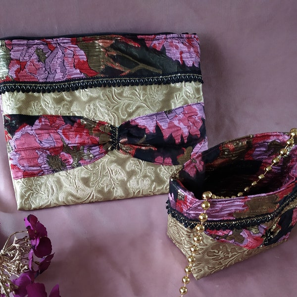 Trousse de toilette et vide poche COLLECTION HAUTE COUTURE simili cuir doré avec noeud dentelle rose noir or cadeau mère maman exceptionnel