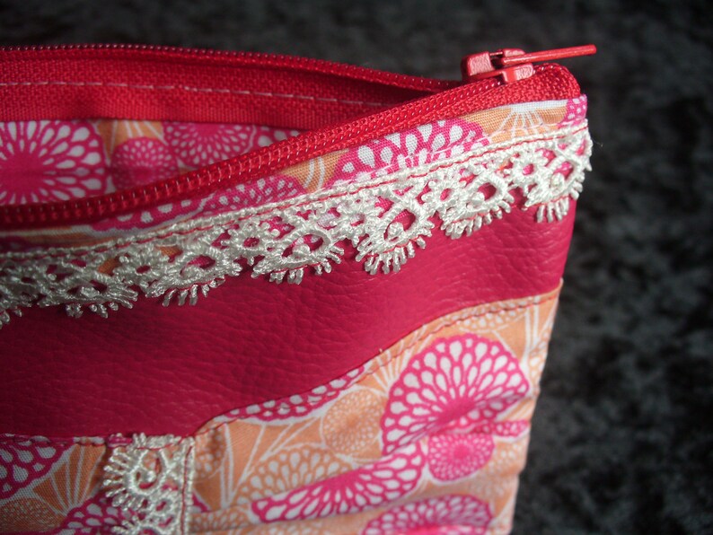 Petite makeup pouch women/'s faux leather pink raspberry knot fabric and lace blue perfect gift for women