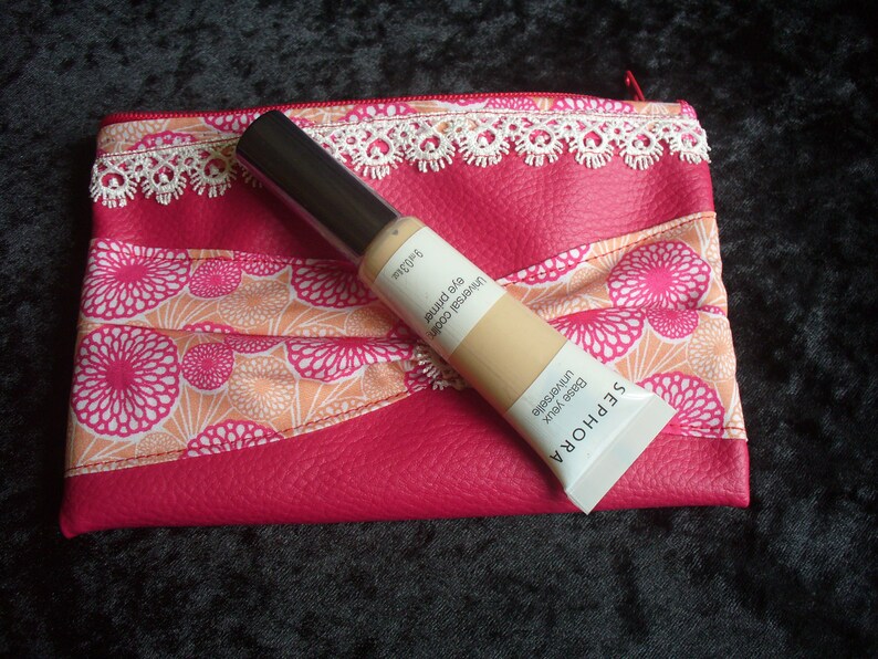 Petite makeup pouch women/'s faux leather pink raspberry knot fabric and lace blue perfect gift for women