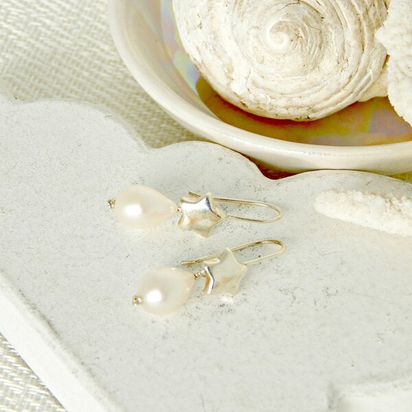 Boucles d'oreille en argent 925 motif étoile avec perles de culture eau douce
