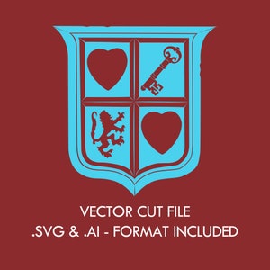 May include: A blue shield with a red heart, a key, a lion, and another red heart. The text "VECTOR CUT FILE .SVG & .AI - FORMAT INCLUDED" is below the shield.
