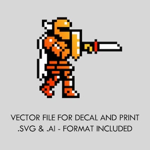 May include: Pixel art illustration of a knight in orange and yellow armor holding a sword. The knight is facing right and has a shield on its left arm. The image is a vector file for decal and print, with SVG and AI formats included.