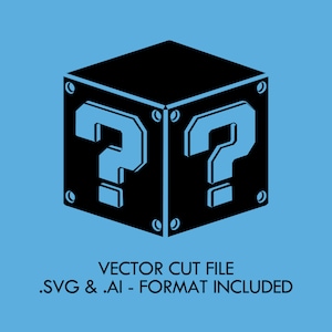 Puede incluir: Archivo de corte vectorial de una caja negra y azul con signos de interrogación. La caja tiene signos de interrogación en dos lados y está sobre un fondo azul claro. El texto dice: "VECTOR CUT FILE .SVG & .AI - FORMAT INCLUDED".