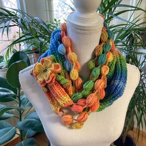 Rainbow crochet neck garland shawl with pompoms -handmade neck accessories -handmade gift - boho style woman accessories -1qty