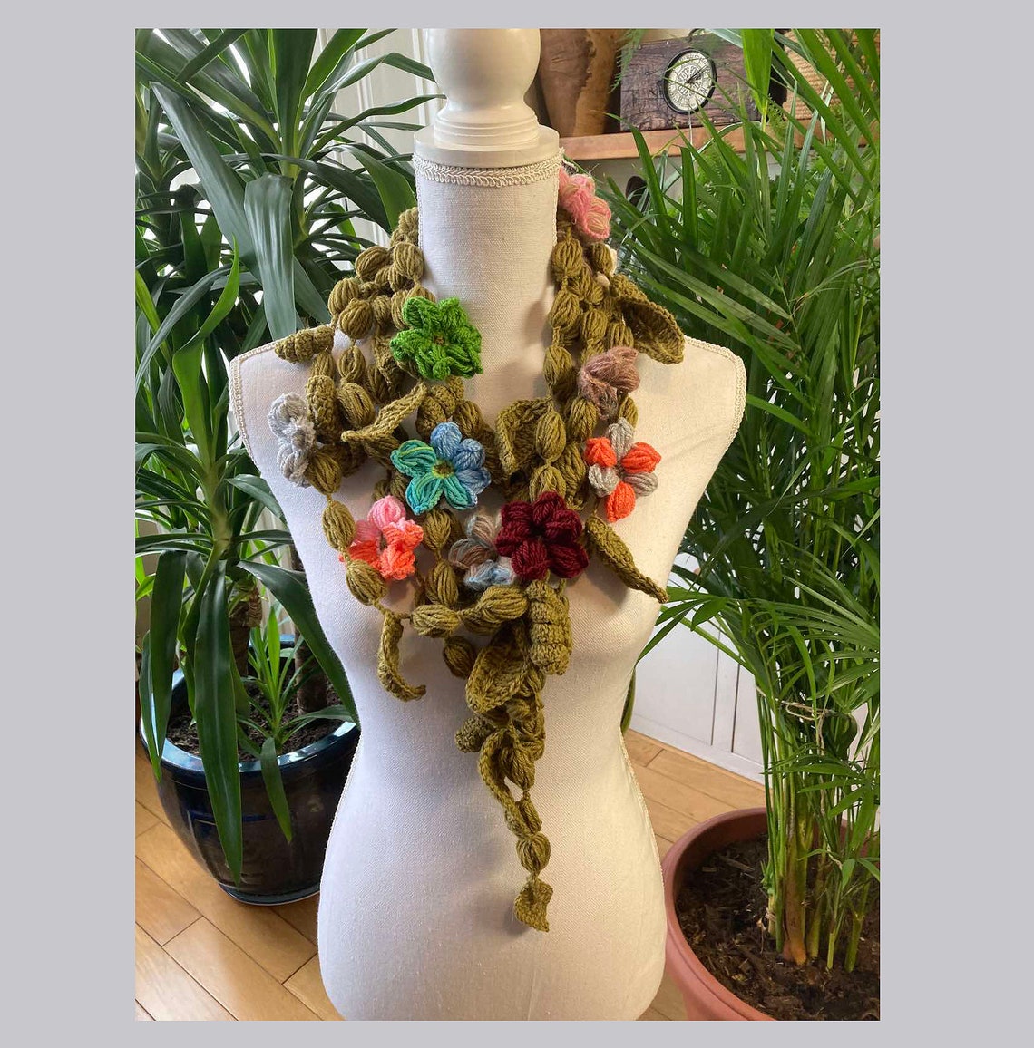 Olive Green Shawl With Crochet Multy Color Flowers Neck Garland Shawl