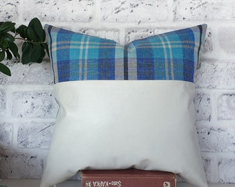 Ready to ship  2/3 white  faux leather and 1/3 turquoise linen look plaid fabric pillow cover -16 x16 inch (41x41cm) -1 qty