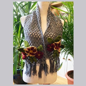 Hand crochet gray shawl with crochet flowers rectangular wrap shawl design design shawl 1 unique item 1qty image 3