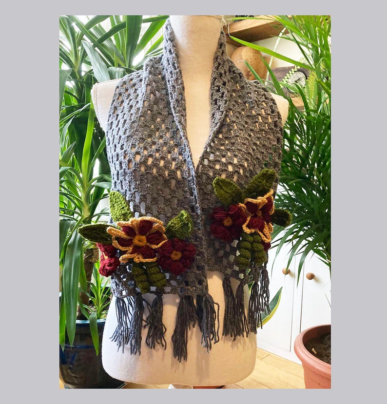 Hand crochet gray shawl with crochet flowers rectangular wrap shawl design design shawl 1 unique item 1qty image 3