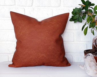 Ready to ship/Terracotta color thick  faux leather pillow cover-old look pattern/housewarming gift- 16x16 inch-1qty