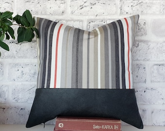 Ready to ship  2/3 gray stripped fabric and 1/3 anthracite black faux leather pillow cover -16x16 inch (41x41cm) -1 pcs