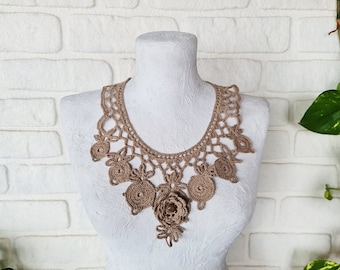 Beige  cotton crochet necklace and beige earrings gift - boho style woman accessories - handmade gift - handmade summer necklace - 1qty