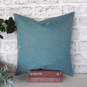 Ready to ship 2/3 cognac faux leather and 1/3 turquoise linen look fabric pillow cover 16 x16 inch 41x41cm 1 qty image 4