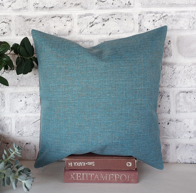 Ready to ship 2/3 cognac faux leather and 1/3 turquoise linen look fabric pillow cover 16 x16 inch 41x41cm 1 qty image 4