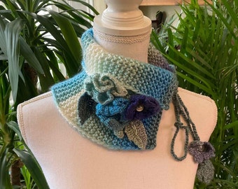 Gradient blue neck warmer with crochet flowers - neck wrap shawl - neck warmer -hand crochet shawl - stylish neck collar - 1qty