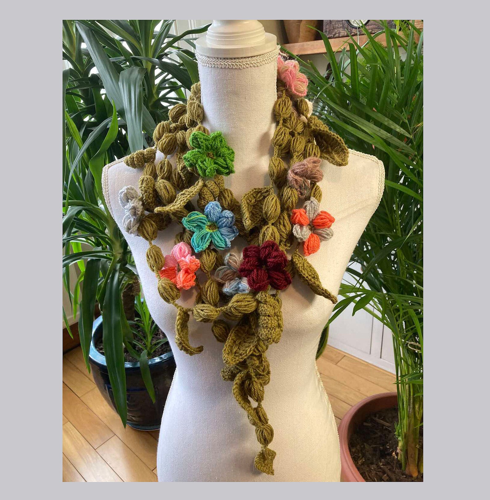Olive Green Shawl With Crochet Multy Color Flowers Neck Garland Shawl