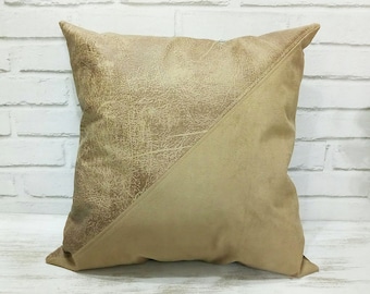 Ready to ship/Diagonal suede-leather look saddle tan  faux leather fabric pillow cover 19x19 inch -1qty