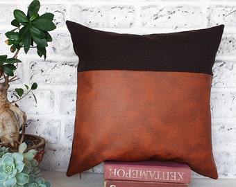 Ready to ship  2/3 cognac old look faux leather and 1/3 poly linen brown fabric pillow cover -16x16 inch(41x41cm) -1 qty