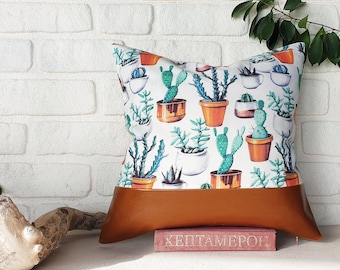 Ready to ship  2/3 white  cactuses pattern and 1/3 cognac faux leather pillow cover -16 x16 inch (41x41cm) -1 qty