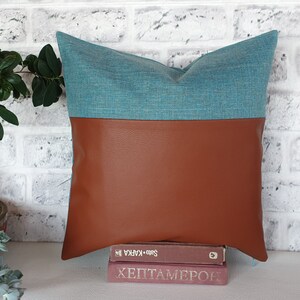 Ready to ship 2/3 cognac faux leather and 1/3 turquoise linen look fabric pillow cover 16 x16 inch 41x41cm 1 qty image 2