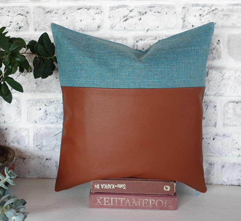 Ready to ship 2/3 cognac faux leather and 1/3 turquoise linen look fabric pillow cover 16 x16 inch 41x41cm 1 qty image 2