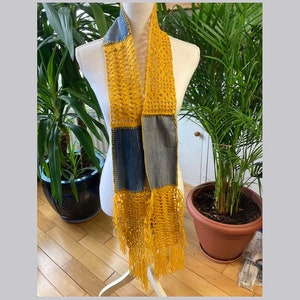 Boho style blue denim hand crochet yellow shawl rectangular wrap shawl design design shawl 1 unique item 1qty image 4
