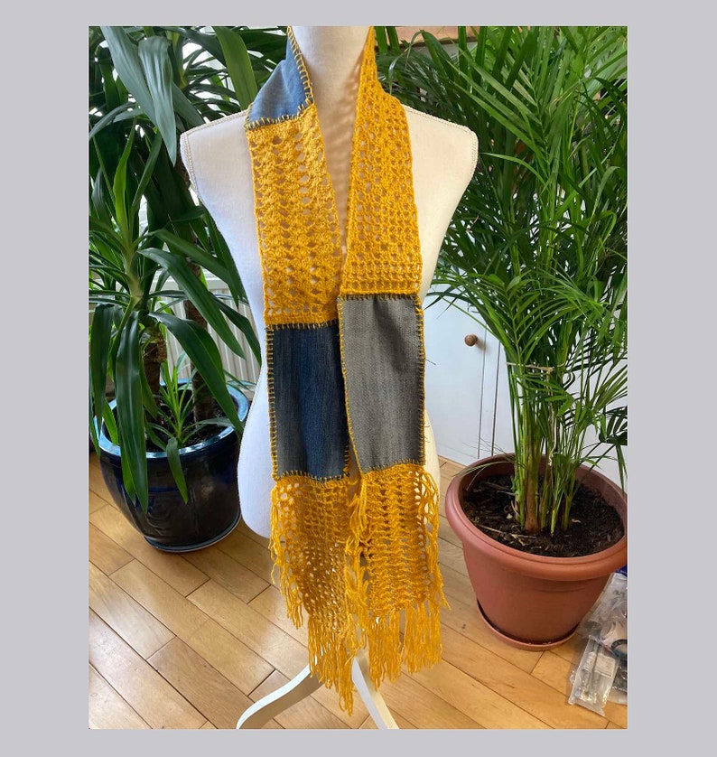 Boho style blue denim hand crochet yellow shawl rectangular wrap shawl design design shawl 1 unique item 1qty image 4