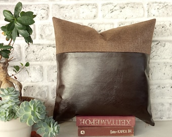 2/3 dark brown faux leather and 1/3 poly linen brown fabric pillow cover -1 pcs