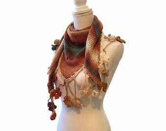 Beige Brown Gradient Triangle Shawl - Hand Crochet Wedding Wrap