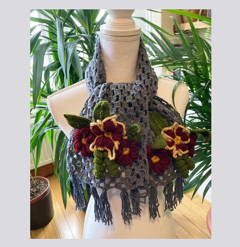 Hand crochet gray shawl with crochet flowers rectangular wrap shawl design design shawl 1 unique item 1qty image 1