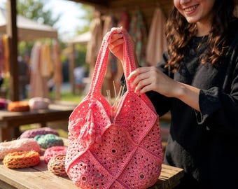 Crochet Boho Tote Bag: Melange Orange Handmade Shoulder Bag