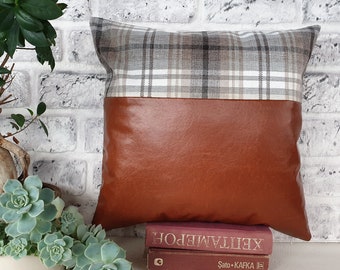 Ready to ship  2/3 cognac  faux leather and 1/3 plaid linen look fabric pillow cover -16 x16 inch (41x41cm) -1 qty