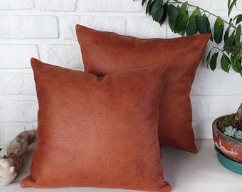 Zen terracotta color thick  faux leather look fabric pillow cover-old look pattern/housewarming gift- 20x20 inch -1qty