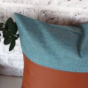 Ready to ship 2/3 cognac faux leather and 1/3 turquoise linen look fabric pillow cover 16 x16 inch 41x41cm 1 qty image 3