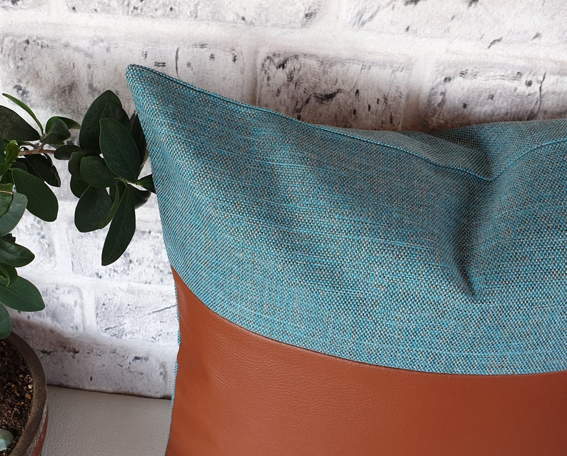 Ready to ship 2/3 cognac faux leather and 1/3 turquoise linen look fabric pillow cover 16 x16 inch 41x41cm 1 qty image 3