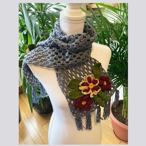 Hand crochet gray shawl with crochet flowers rectangular wrap shawl design design shawl 1 unique item 1qty image 5